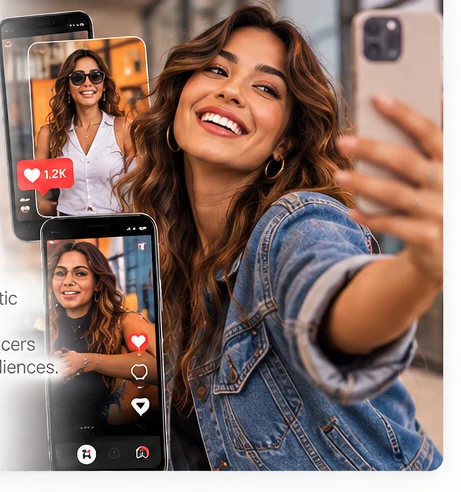Latina social content creator smiling while filming